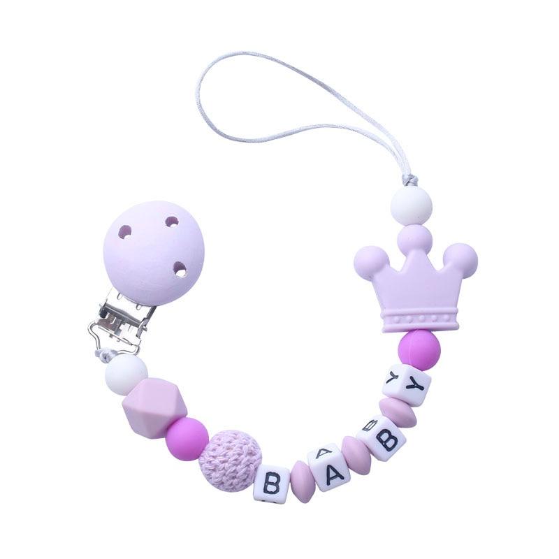 Pink Silicone Personalised Name Baby Pacifier Clips Crochet Beads Silicone Crown Pacifier Chain Holder For Kids and Baby Pacifier