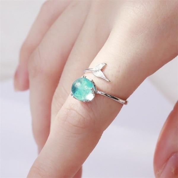 Elegant Silver Color Fishtail Blue Gem Crystal Mermaid Bubble Open Luxury Rings For Women Creative Fashion Party Birthday Gift Jewelry