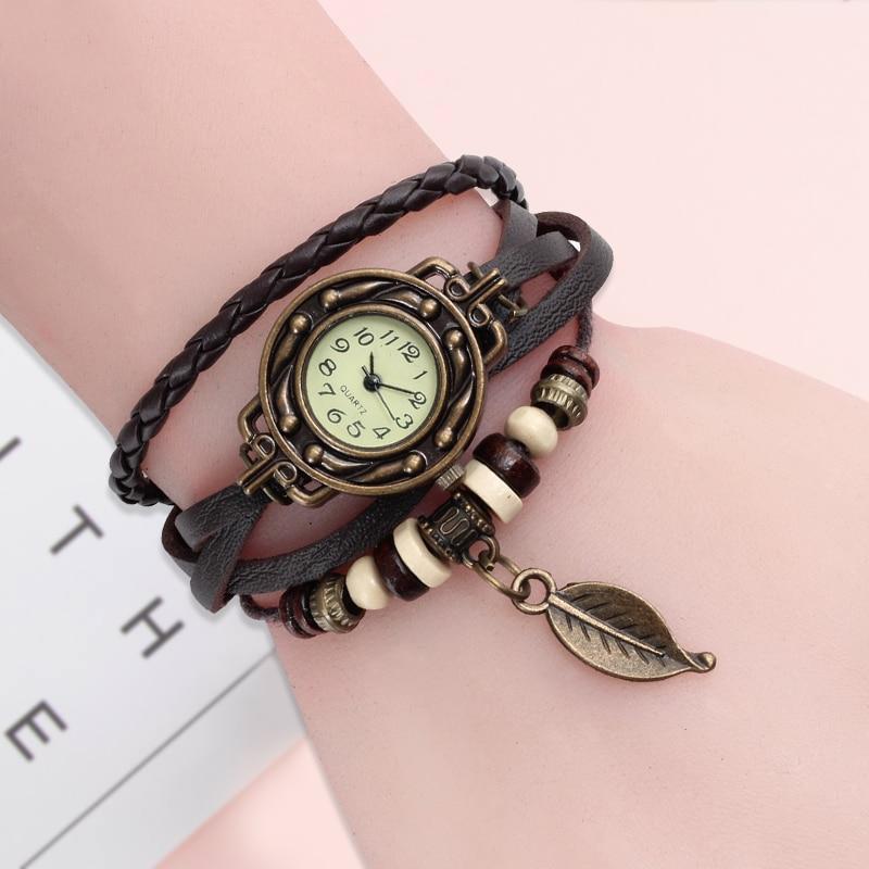 New Handmade Multicolor High Quality Women Genuine Leather Vintage Quartz  Watch Bracelet Wristwatches leaf gift Christmas for Women and Girls