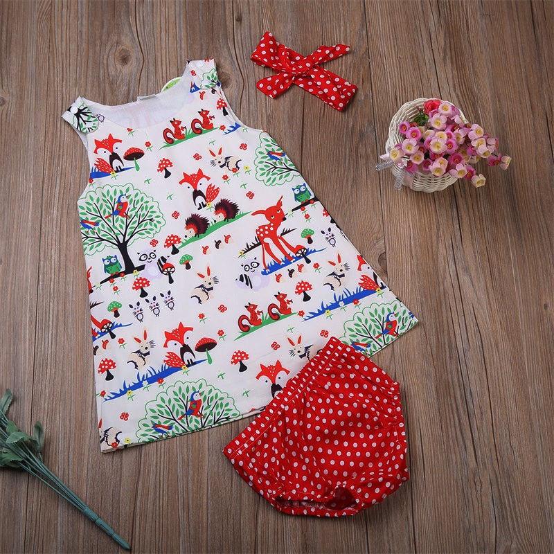 Summer Baby Girl Clothes Toddler Floral Headband Cartoon Dress Dot Shorts Outfits Clothes set 0-24M For Baby Girls  With Bow