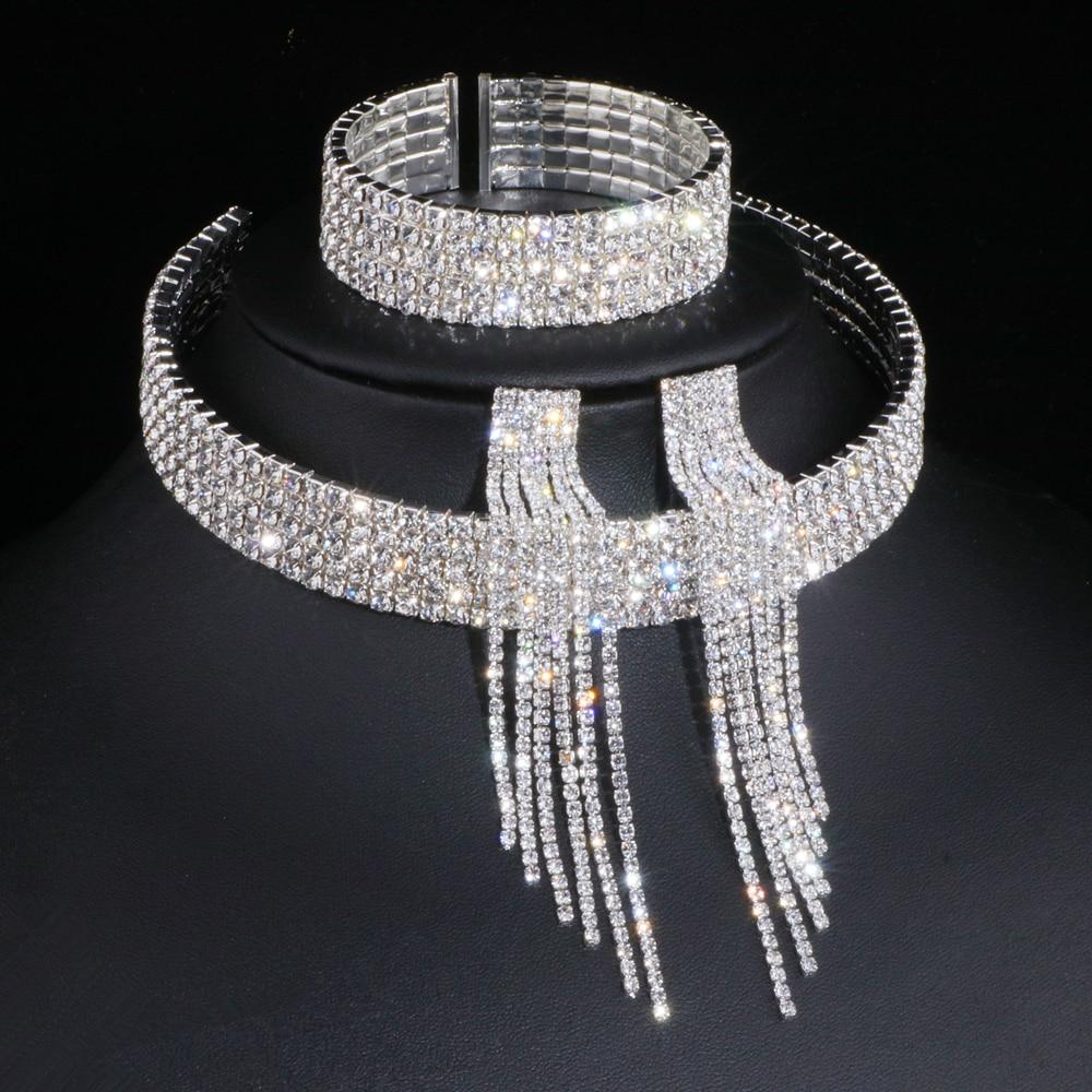 Classic Elegant Tassel Crystal Bridal Jewelry Sets In African Rhinestone Wedding Style  Necklace Earrings Bracelet Sets For Girls and Women