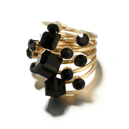 Modern Antique Gold Black Rhinestone Opening Finger Rings Set for Women With Earrings in Elegant Stone Deisgn