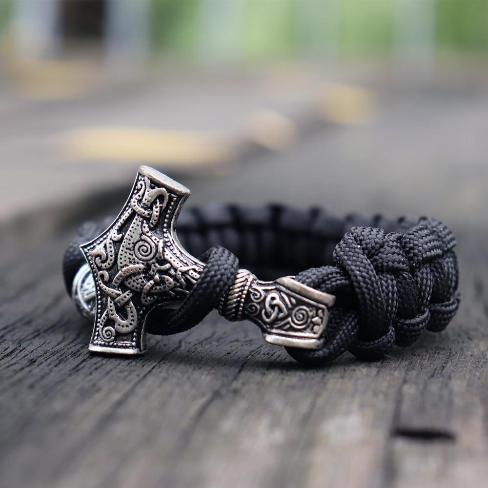 Elegant Men Legendary Viking Mjolnir Leather Luxury Bracelet Thor Hammer Wristband Norse Mythology Runes Amulet Jewelry