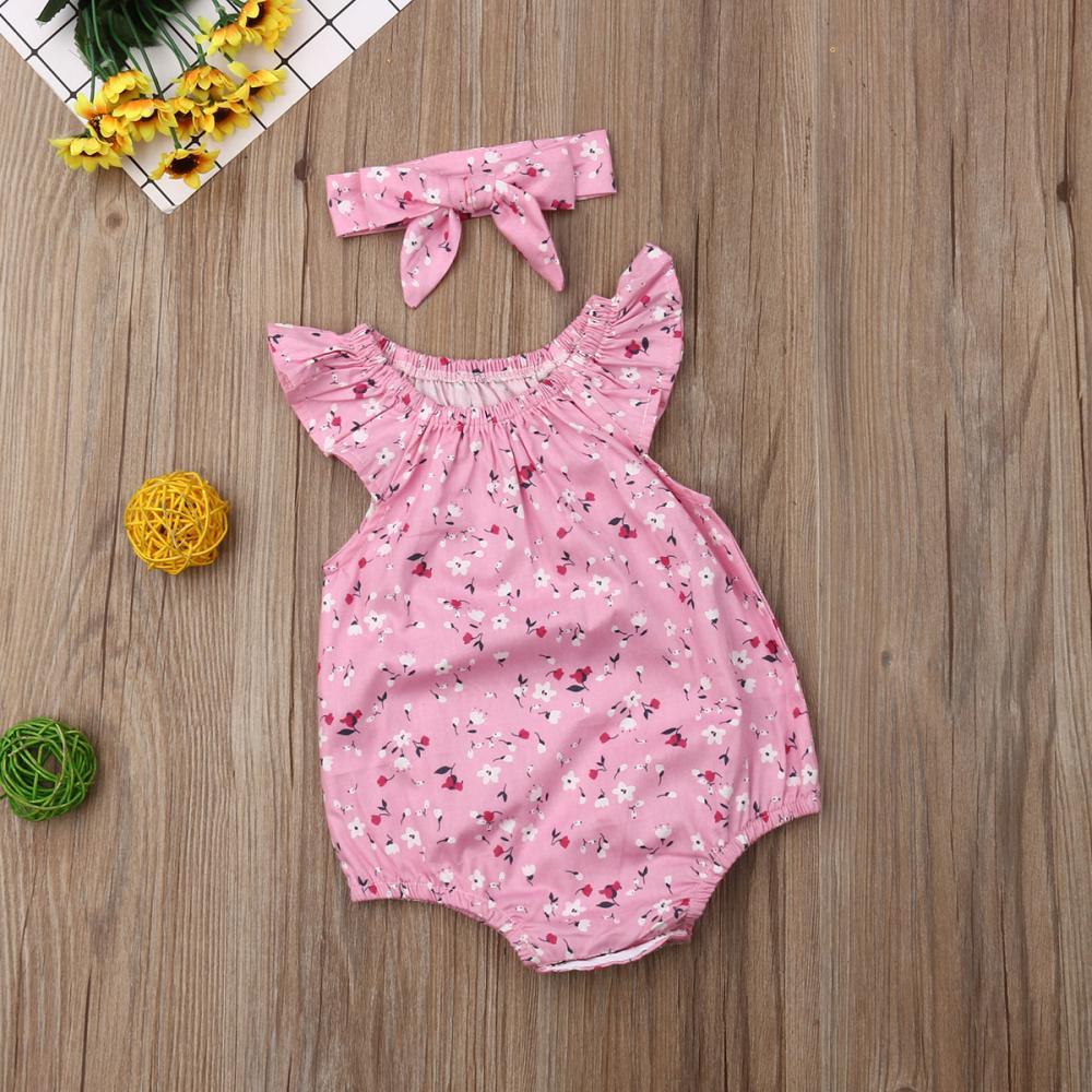 Newborn Infant Baby Girl Clothes Sleeveless Floral Bodysuit Headband 2PCS Jumpsuit Playsuit Outfit Dress For Girls