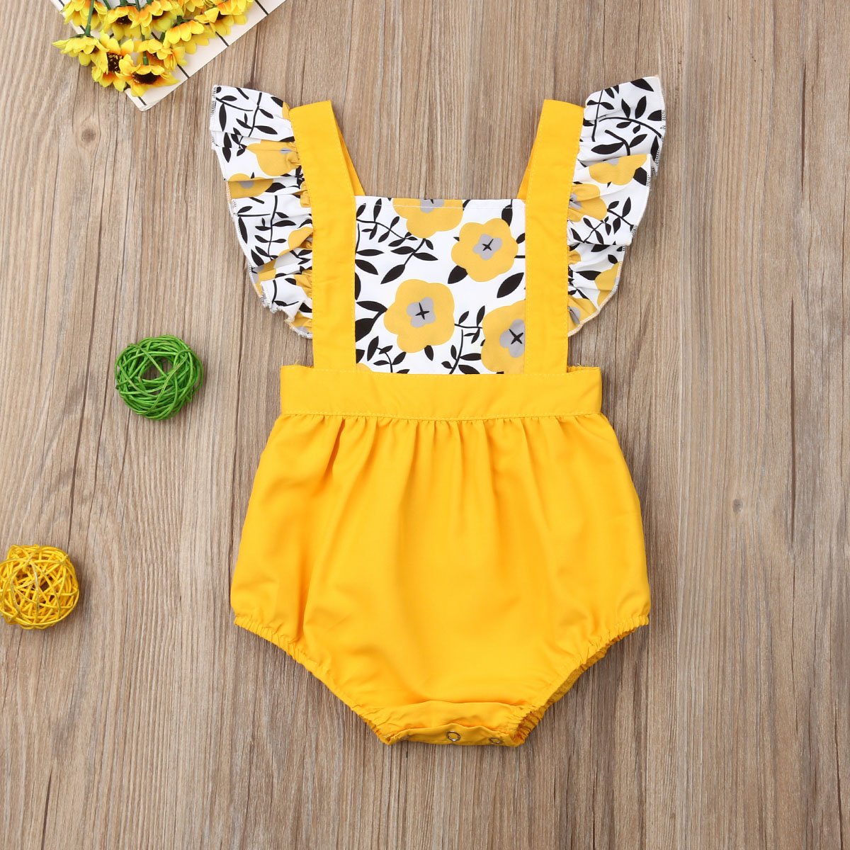 Summer Newborn Baby Girl Clothes Fly Sleeve Sunflower Print Romper Jumpsuit One-Piece Outfit  For Girls