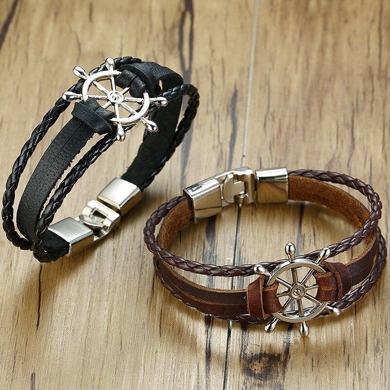 Handmade Sailor Anchor Ship Bracelet In Vintage Retro Rudder Charm Bracelet for Men Made from leather and Stainless Steel for Man