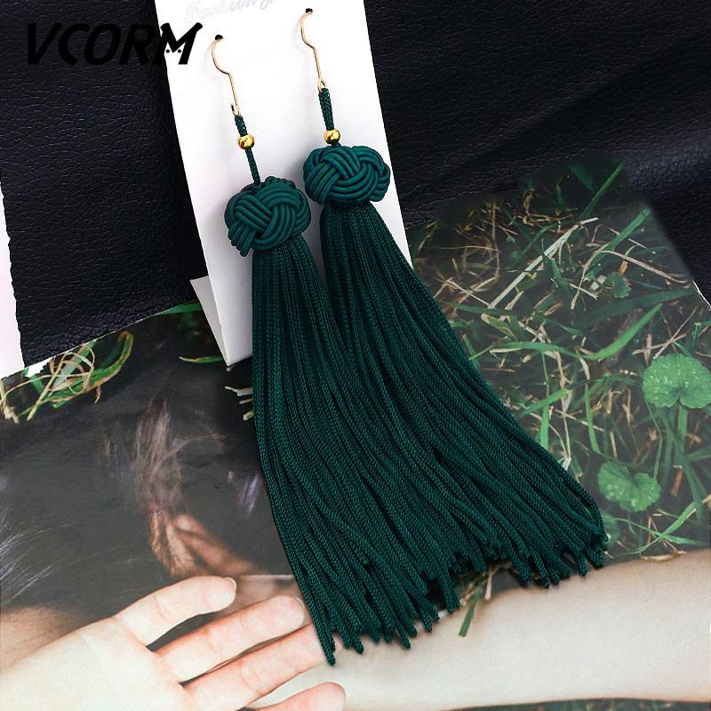 Bohemian Tassel Crystal Long Drop Earrings for Women Red Cotton Silk Fabric Fringe Earrings Fashion Woman Jewelry