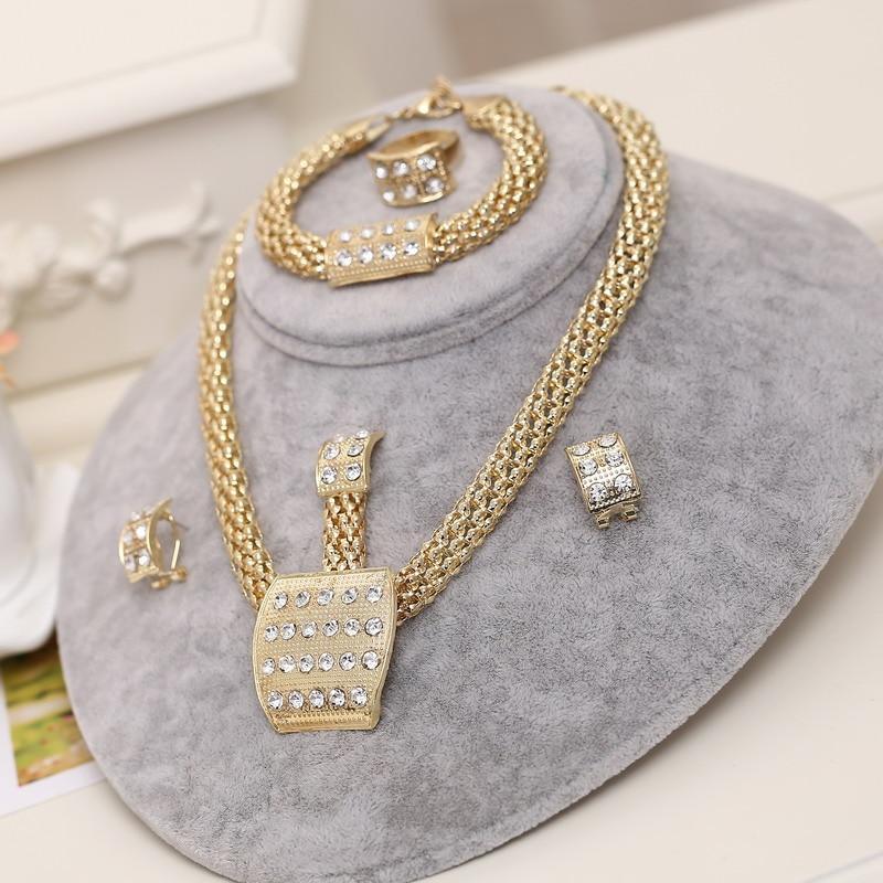 Luxury Gold Jewelry Sets Earrings Necklace Brecelet Ring Wedding African Beads Crystal Bridal Jewellery Set Rhinestone Ethiopian Jewelry