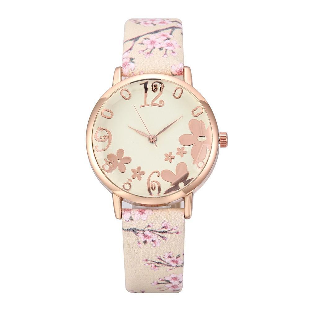 Girl Luxury Watch Women New Fashion Embossed Flowers Small Fresh Printed Belt Dial Watch Female Student Quartz Watch For Women and Girls