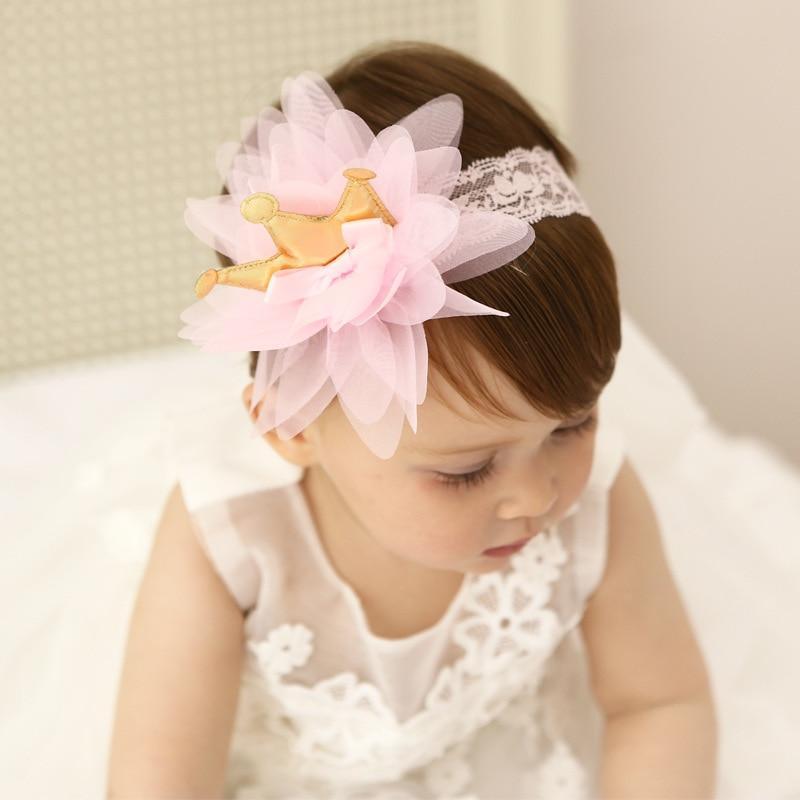 New Pink And Beige Crown Flowers Hairbands Girls Headbands Elastic Hair Band Kids Hair Accessories For Baby Girls