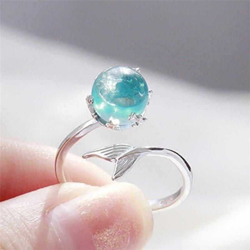 Elegant Silver Color Fishtail Blue Gem Crystal Mermaid Bubble Open Luxury Rings For Women Creative Fashion Party Birthday Gift Jewelry