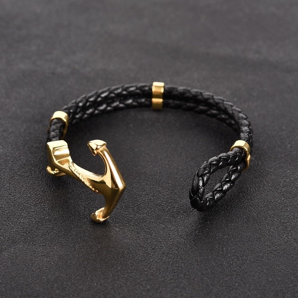 Modern Punk Gold Silver Color Anchor Elegant Clasp Black Braid Genuine Leather Luxury Bracelet Men Jewelry Stainless Steel Bangle