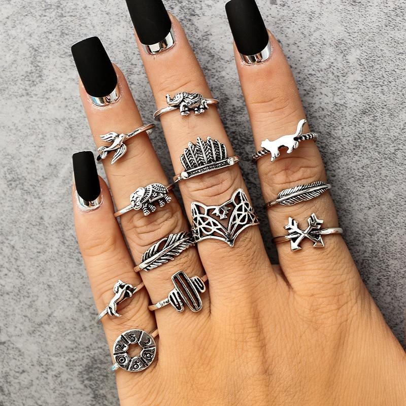 New Bohemia Antique Silver Color Elegant Rings For Women Arrow Elephant Fox Lion Pony Pattern Trendy Animal Jewelry