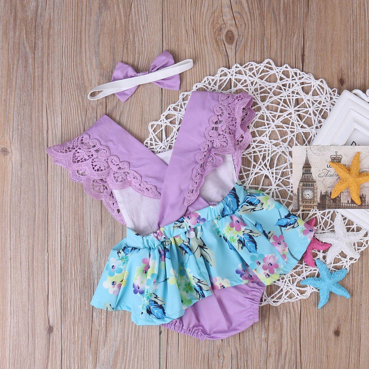 Summer Princess Floral Romper Dress For Baby Girl with Lace Sleeve+Headband For Little Princess