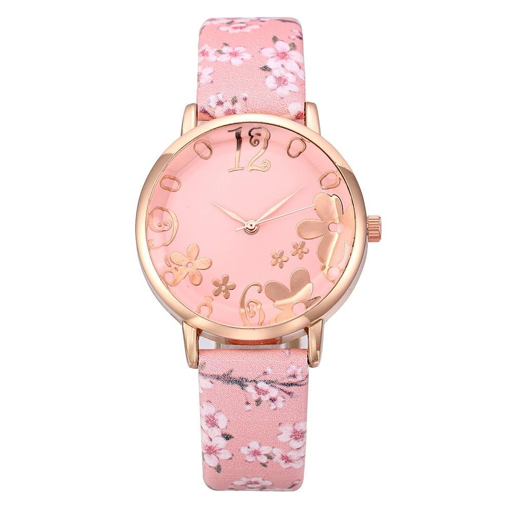 Girl Luxury Watch Women New Fashion Embossed Flowers Small Fresh Printed Belt Dial Watch Female Student Quartz Watch For Women and Girls