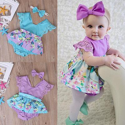 Summer Princess Floral Romper Dress For Baby Girl with Lace Sleeve+Headband For Little Princess