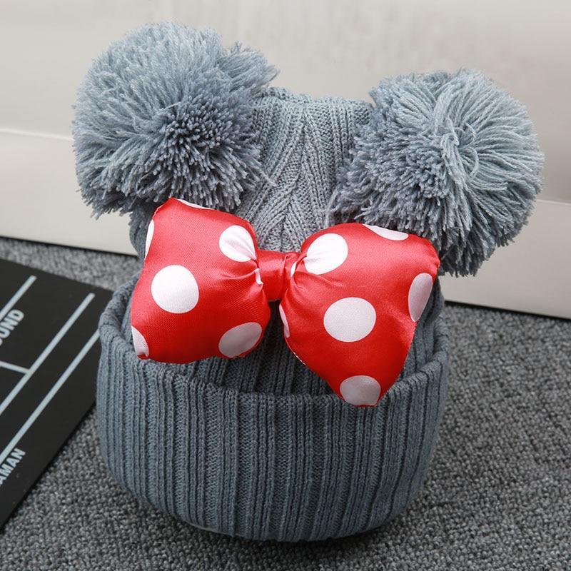 Modern Cartoon Big Bow Baby Hat Cap Kids Knitted Cotton Beanie  Warm Girls Double Pompom Hats