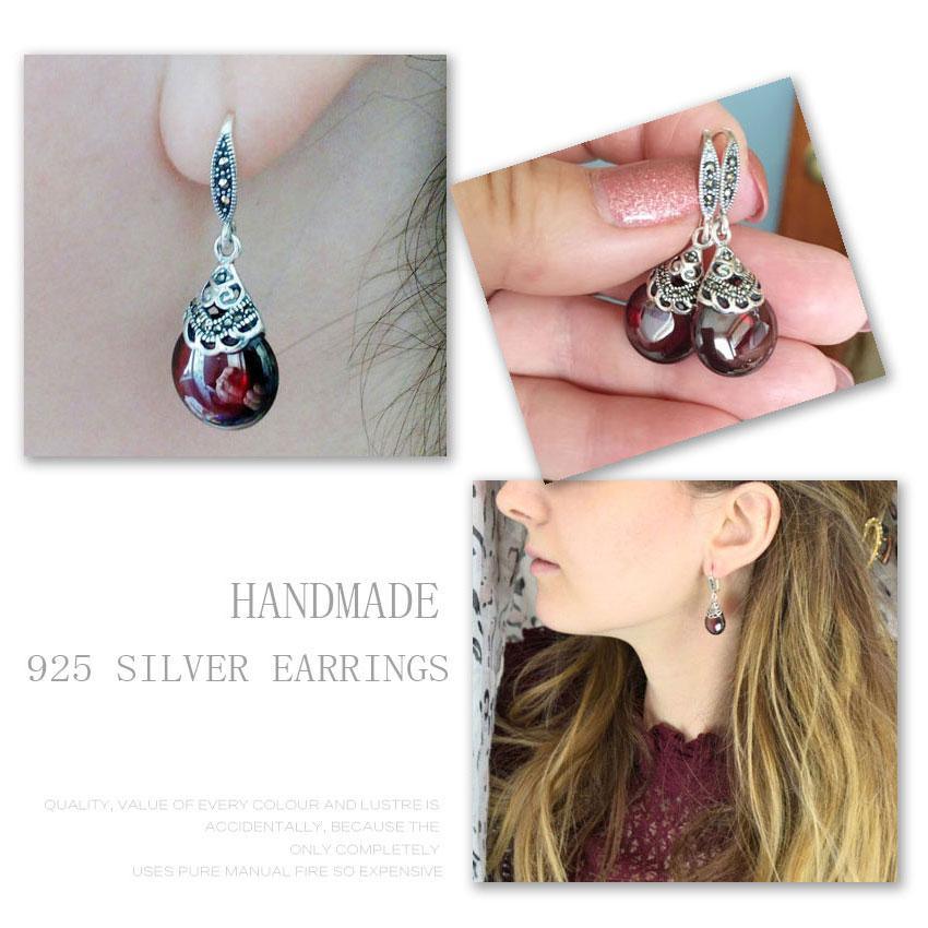 Retro Modern 925 Sterling Silver Elegant Round Garnet Drop Earrings For Women Luxury Trend Natural Red Gemstone Ruby