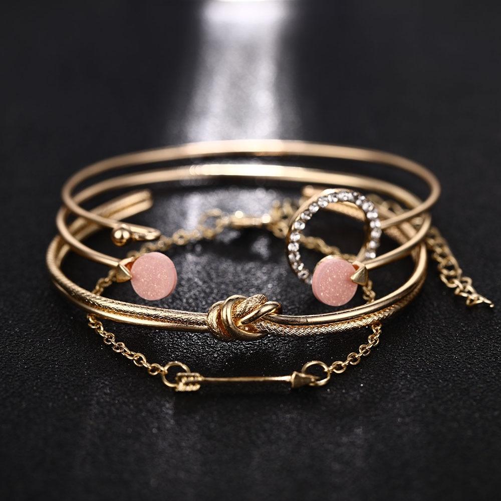 Luxury Modern  Gold Crystal Circle Arrow Bracelets Set for Women In Bohemian Pink Opal Adjustable Charm Bracelet Jewelry Style for Women and Ladies