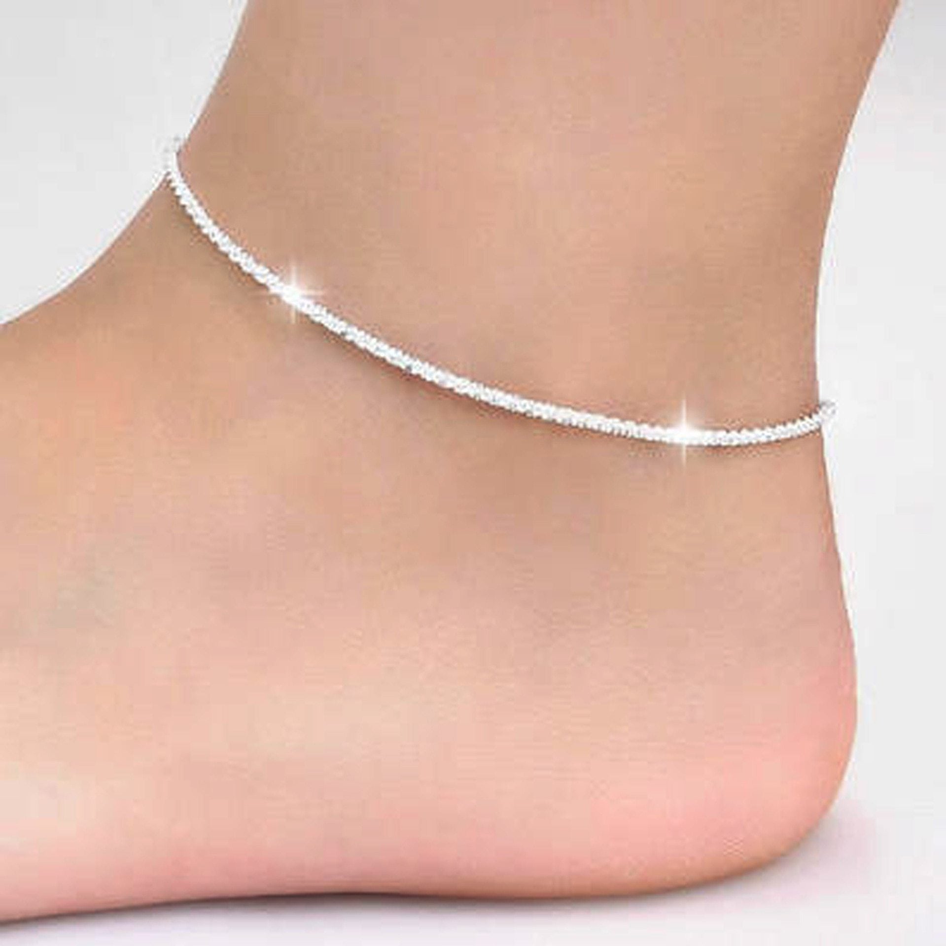 Luxury Silver Thin Stamped Plated Shiny Chains Anklet Brecelets  For Women Foot Jewelry