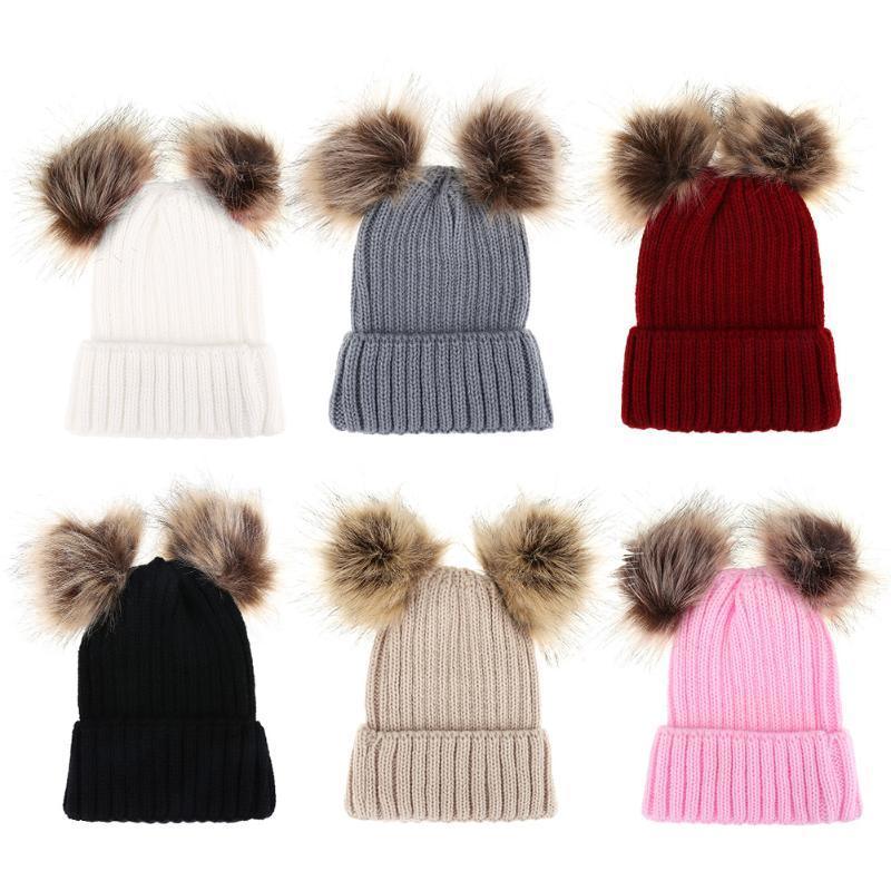 Fashion Parent-child Caps Cute Infant Baby Pom Pom Cap Winter Double Fur Ball Hat Baby Mom Warm Knitted Hat