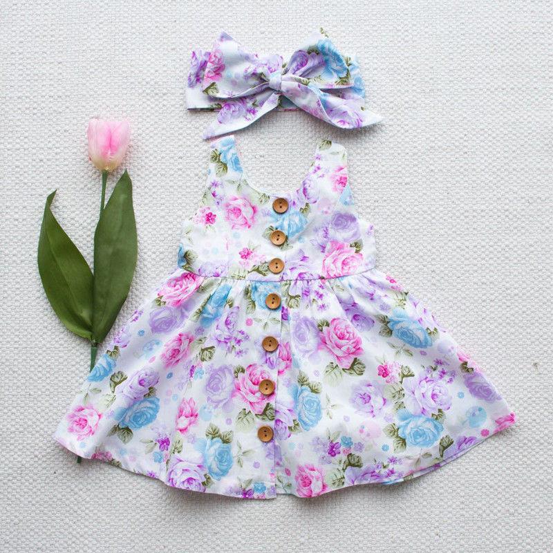 Toddler Kids Baby Girl Floral Tank Button Sleeveless Sundress With Match Headband For Infant Girl Clothes