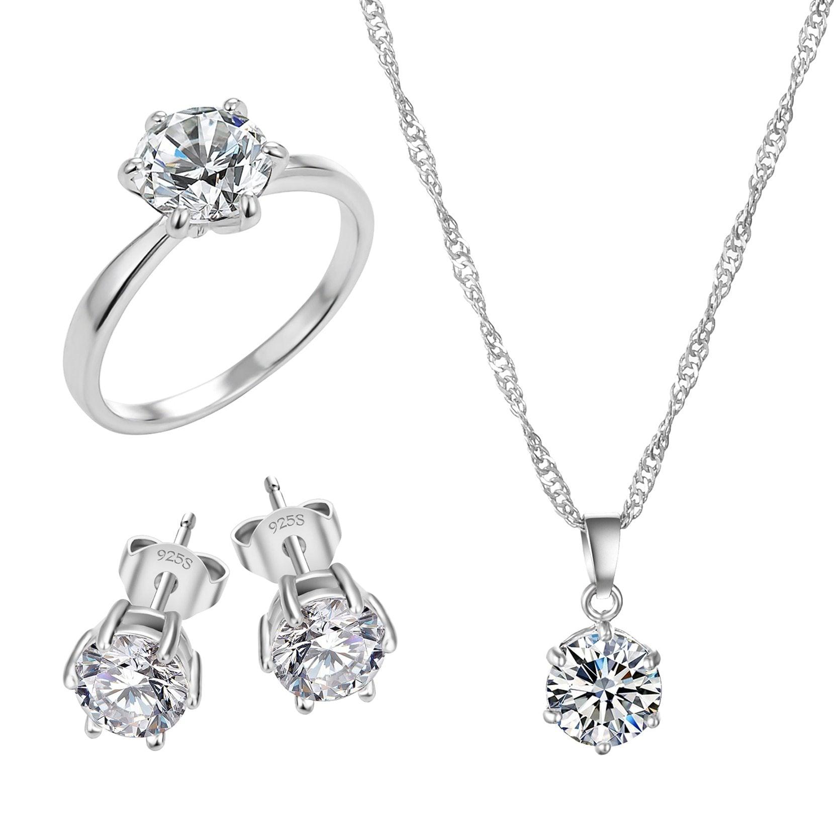 Jewelry Silver Color Fashion Jewelry Sets With Cubic Zircon Statement Necklace & Earrings Rings Wedding Jewelry for Women and Girls