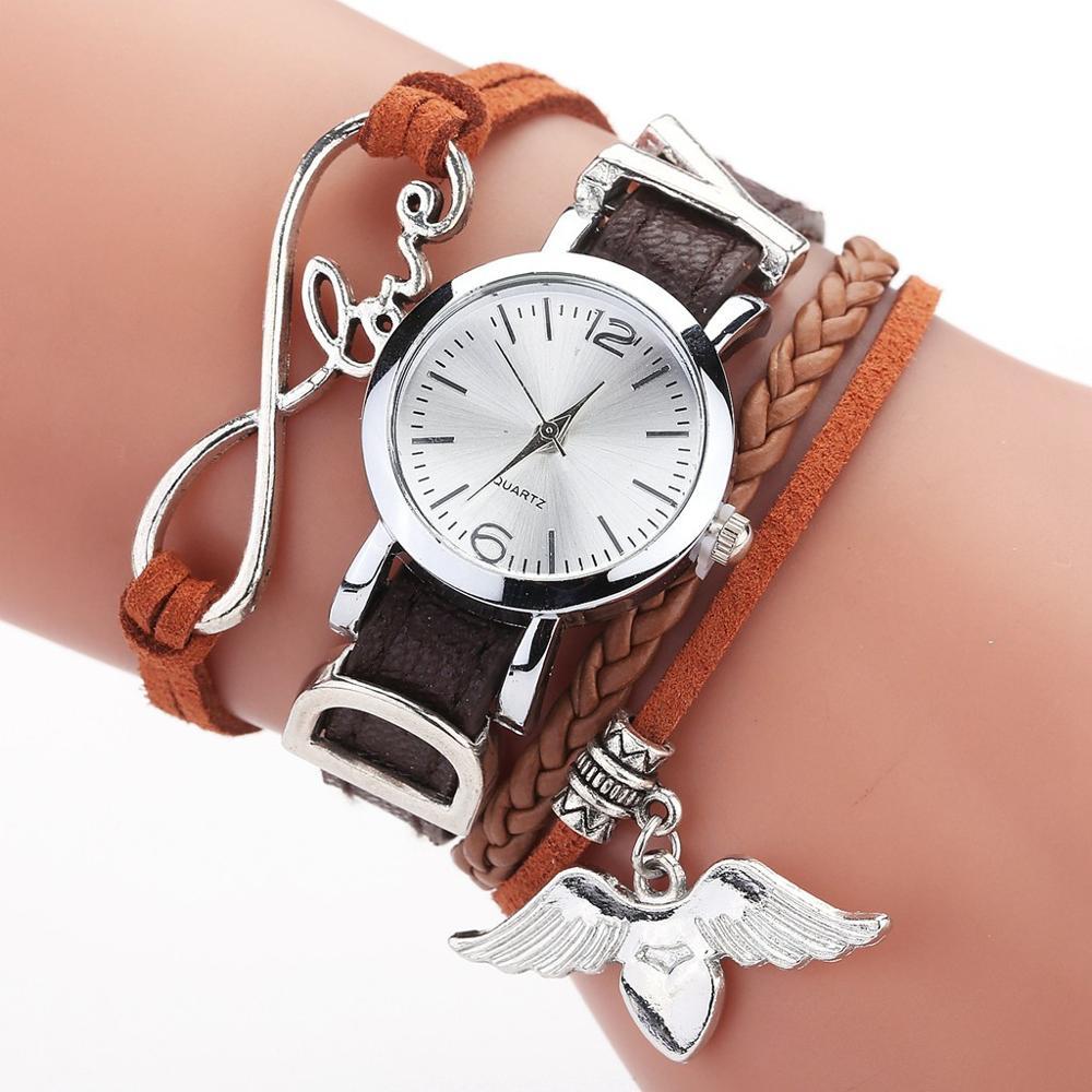 Watches For Women Luxury Silver Heart Pendant Leather Belt Quartz Clock Ladies Wrist Watch For Women and Girls