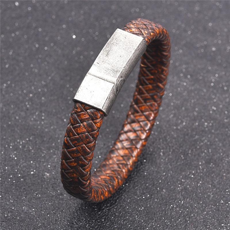 Handmade Luxury Modern Leather Black Blue Braided Leather Bracelet for Men Stainless Steel Design