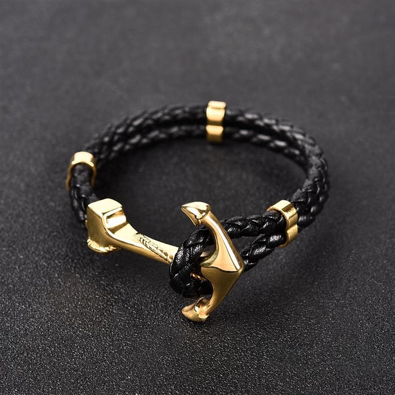 Modern Punk Gold Silver Color Anchor Elegant Clasp Black Braid Genuine Leather Luxury Bracelet Men Jewelry Stainless Steel Bangle