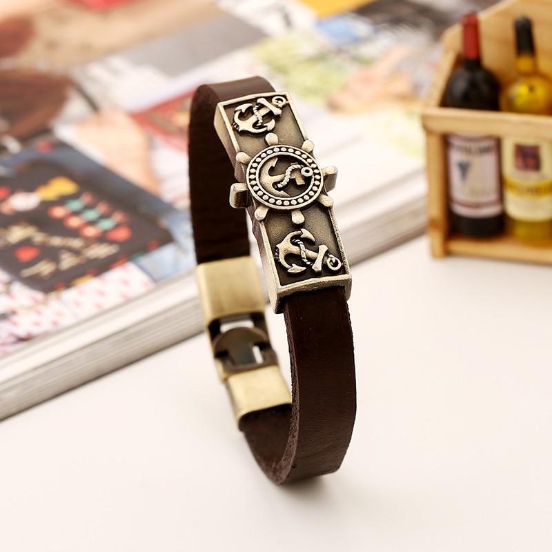 Modern Luxury Fashion Epic Rudder Wrap Leather Chain Symbol Anchor Bracelet For Men