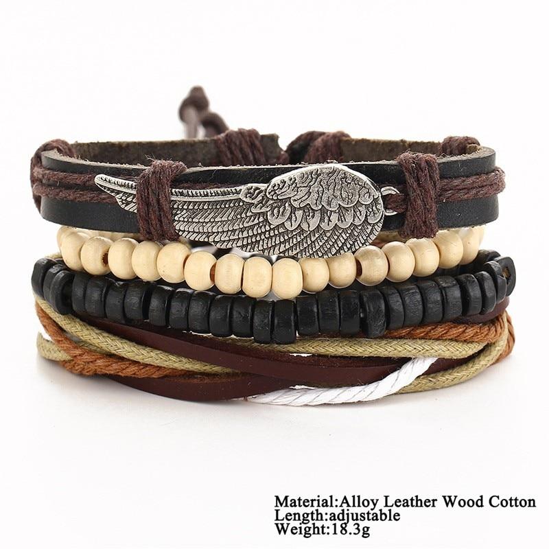 BOHO Tibet Stone Feather Multilayer Leather Bracelet Eye Fish Charms Beads Bracelets For Men Vintage Punk Wrap Wristband Cool Jewelry