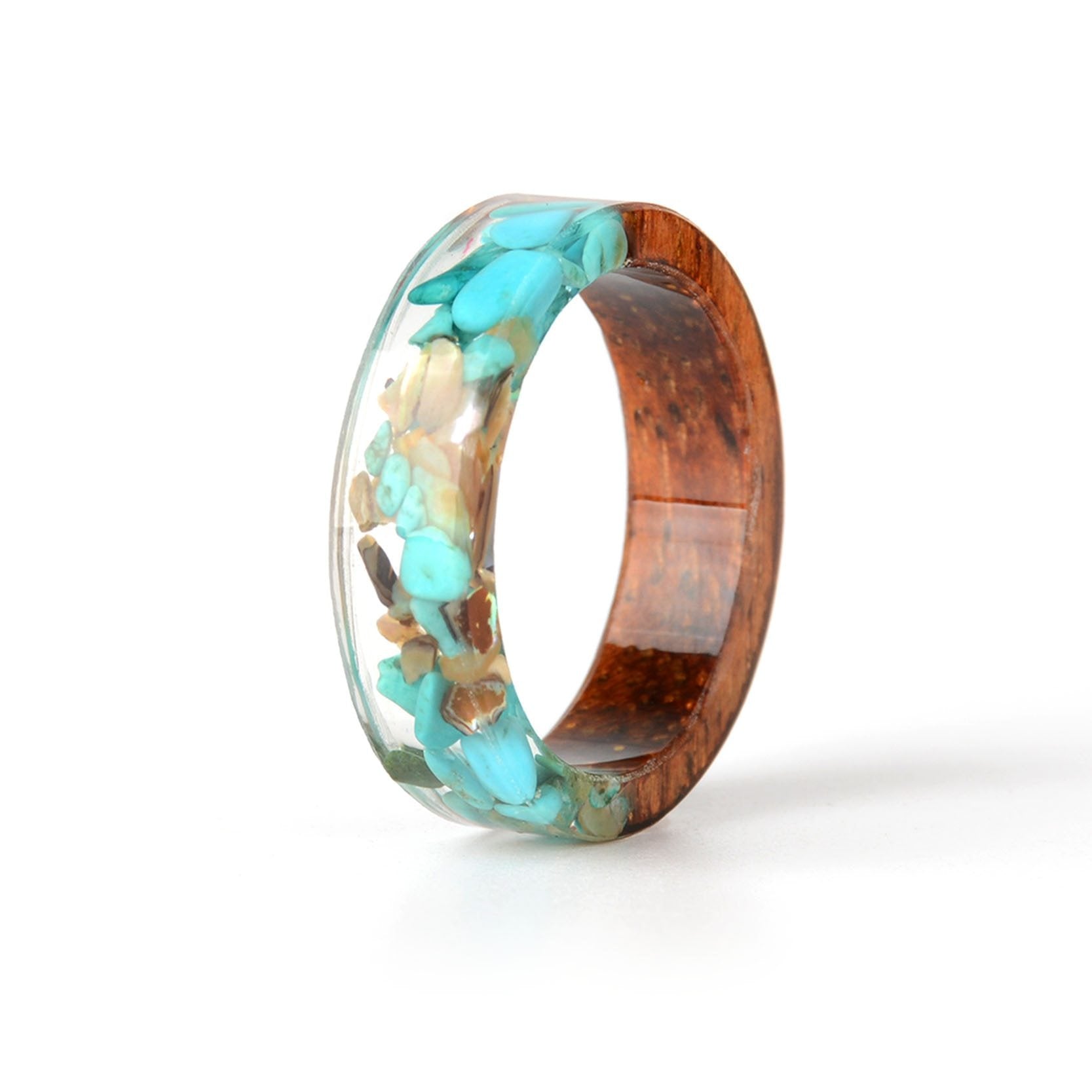 Handmade Wood Resin Ring Dried Flowers Plants Inside Jewelry Resin Ring Transparent Anniversary Ring for Women and Men In Modern Style