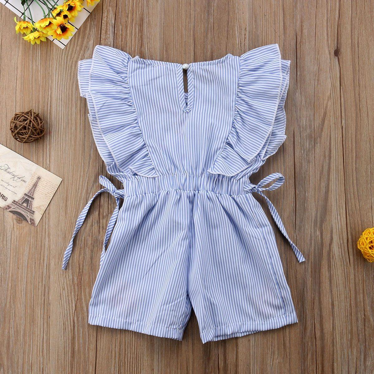 Summer Toddler Baby Girl Romper/ jumpsuit Short Petal Sleeve Elastic Waist Floral Print Striped Blue Lace Dress