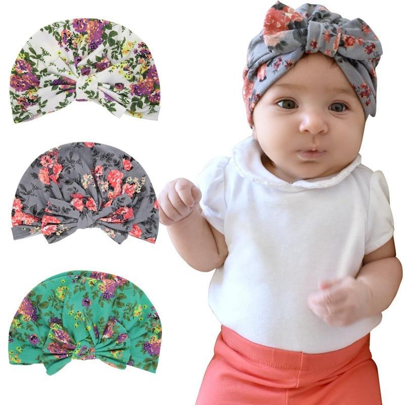 Baby Headband Hat With Bowknot Rubber Ear Print Cotton Stretchy Turban Headband Beanie Hat Girls Headband