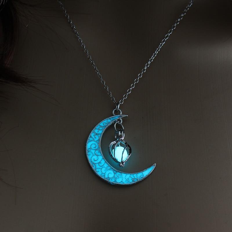 Modern Amazing Moon Glowing Necklace Gem Charm Elegant Jewelry Silver Plated Women Halloween Pendant Hollow Luminous Stone Pendant Perfect Necklace Gifts