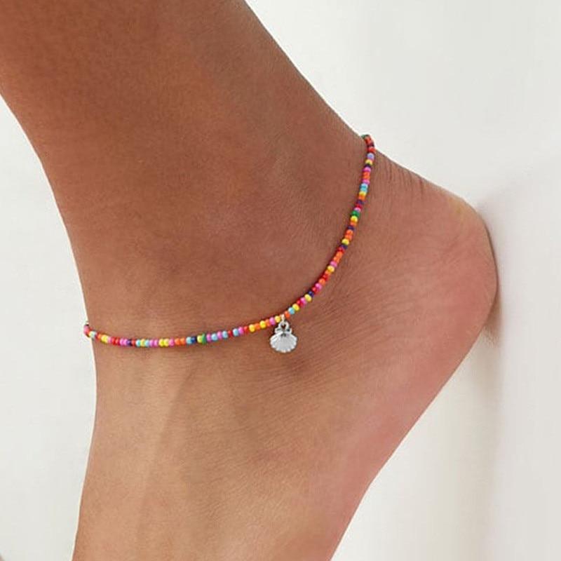 Handmade Bohemian Colorful Crystal Seed Beads Shell Anklets for Women Foot Leg Jewelry