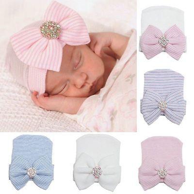 Luxury Modern Diamon Cute Newborn Baby Infant Girl Toddler Comfy Bowknot Hospital Cap Beanie Hat Bow For Baby Kids