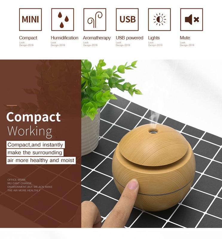 Mini Air Humidifier Ultrasonic USB Aroma Wood Grain LED Night Light  Electric Essential Oil  Diffuser Aromatherapy Home