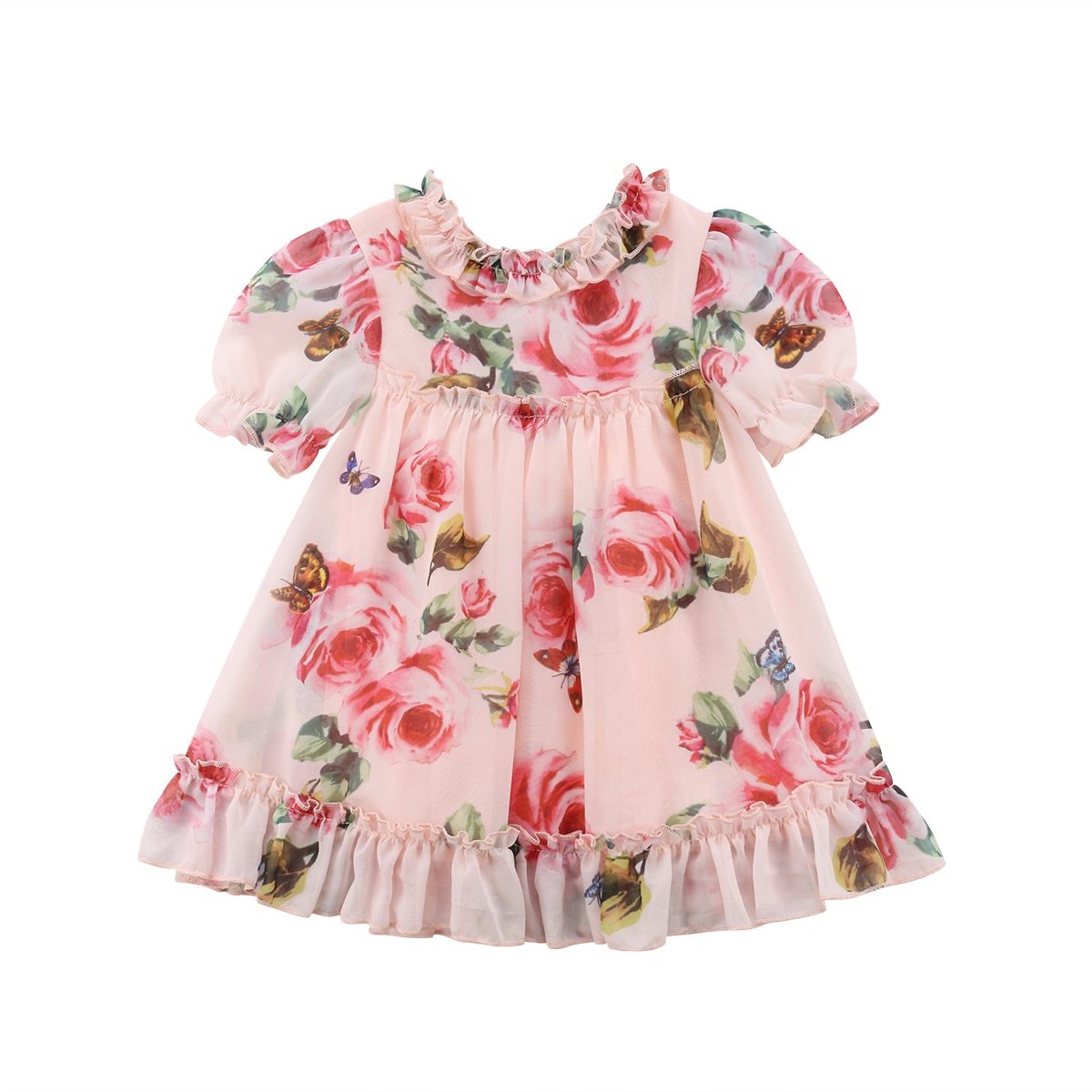 Cute Baby Girls Dress with  Flower Puff Sleeves A -line Dress For Baby Girls for Holiday Party