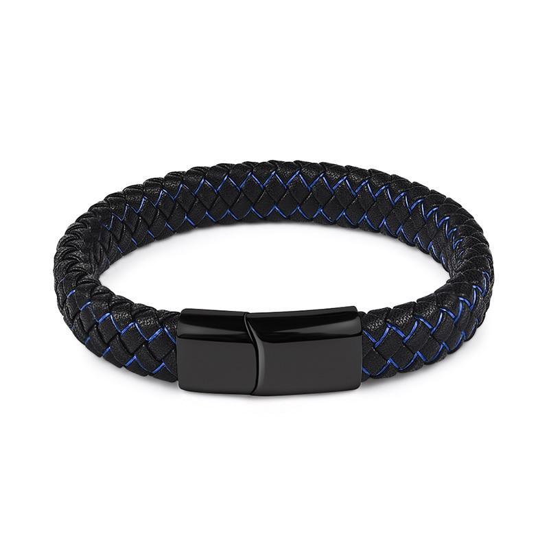 Handmade Luxury Modern Leather Black Blue Braided Leather Bracelet for Men Stainless Steel Design