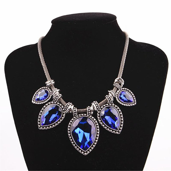 Luxury Vintage Women Necklace With  Big Crystal Jewelry Silver Color Chain Maxi Necklaces