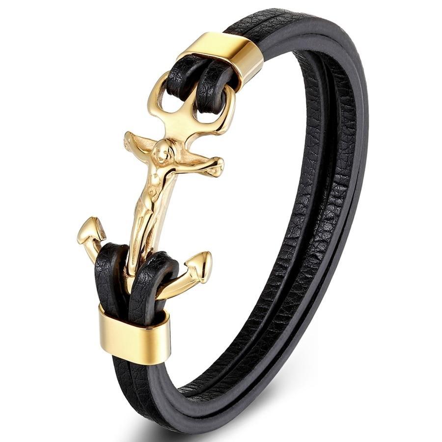 Gold And Steel Color Anchor Multi-layers Stitching Religions Bracelet Bangle For Male Christian Jewelry Design