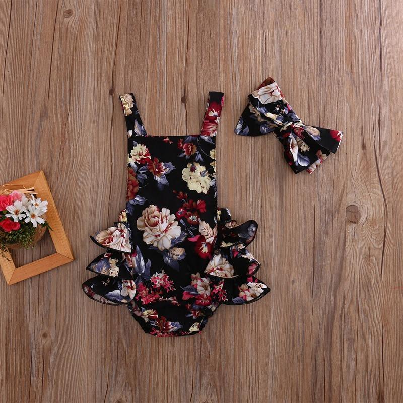 2PCS Newborn Toddler Baby Girls Clothes Flower Romper Sleeveless Jumpsuit Outfits Headband Clothes IWth Bow In Elegant Floral Design