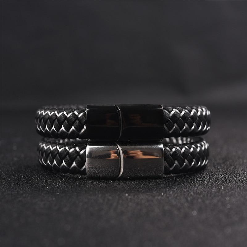 Handmade Luxury Modern Leather Black Blue Braided Leather Bracelet for Men Stainless Steel Design