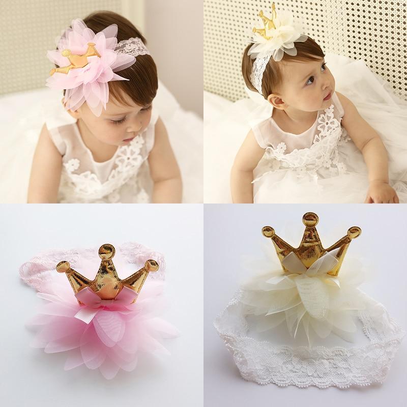 New Pink And Beige Crown Flowers Hairbands Girls Headbands Elastic Hair Band Kids Hair Accessories For Baby Girls