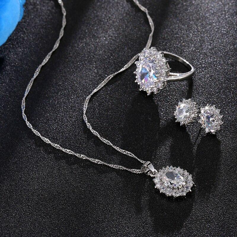 Luxury Elegant Juwelery Set For Ladies IN Blue Crystal Stone Wedding Jewelry Style  For Brides Silver Color Necklace Set For Women