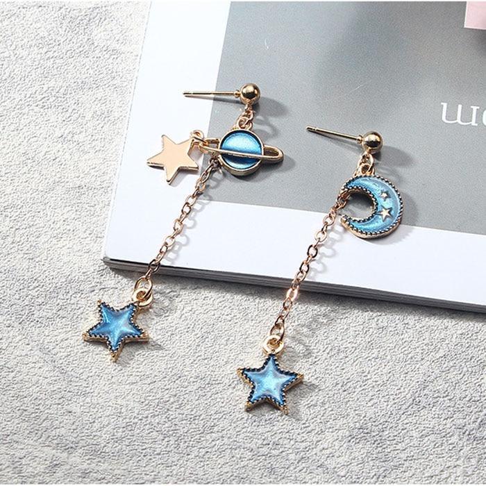 New Modern Fashion Blue Space Universe Elegant Moon Star Luxury Earrings For Women Perfect Gold Color Universe Planet Circle Asymmetry Trendy Long Earrings