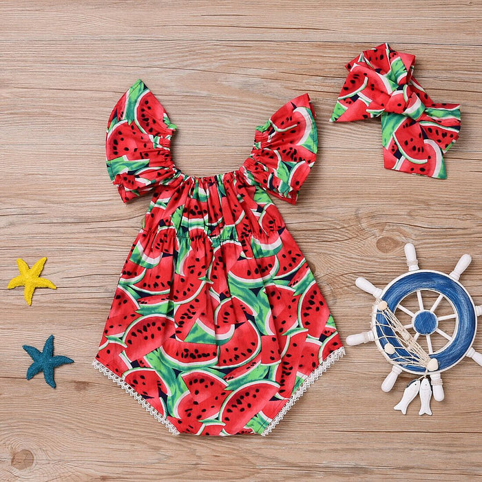 2PCS Newborn Baby Girl Watermelon Summer  Cute Bodysuit Jumpsuit Outfit WIth Bow For Girls