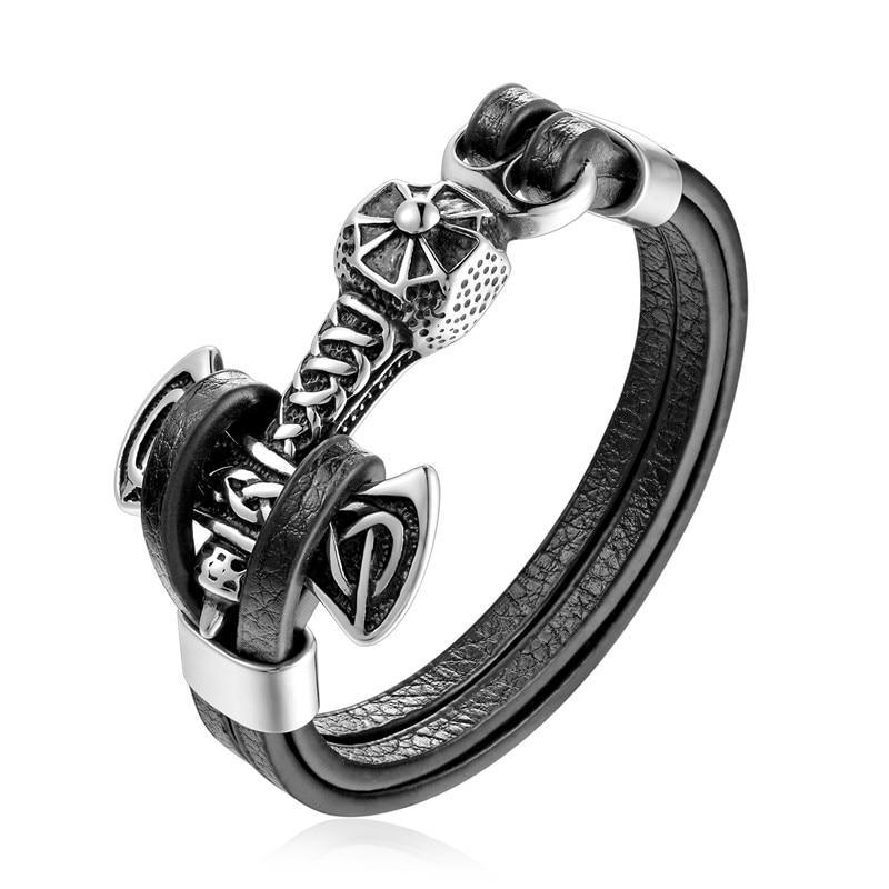 Genuine Leather Anchor Bracelet Men Lion Double Wolf Shackles Stainless Steel Charm Bracelets Wristband Fashion Jewelry